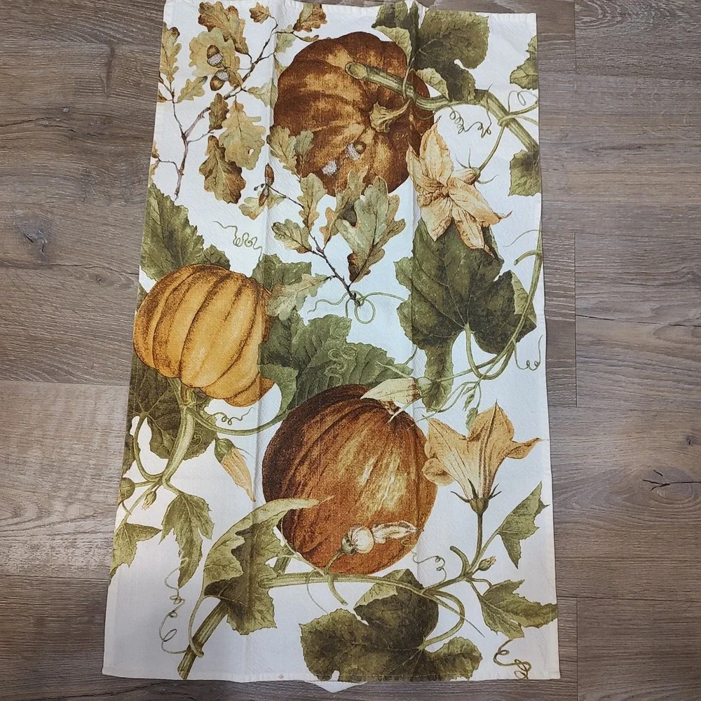 Williams Sonoma Fall Pumpkin Dish Towel Tea Towel 100% Cotton Lot Of 2 Leaves